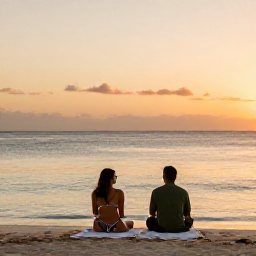 Caribbean Holidays, Aruba Wellness June, Couple relaxing on an Aruba beach at sunset, calm sea, warm orange sky and peaceful low-key holiday atmosphere