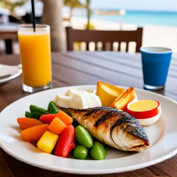 Caribbean Holidays, Aruba Wellness June, Fresh healthy Caribbean meal with colourful vegetables, grilled fish and tropical fruit served at an outdoor restaurant in Aruba