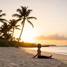 Caribbean Holidays, Aruba Wellness June, Person enjoying a peaceful yoga session on an Aruba beach at sunrise, soft golden light, sea and palm trees in the background