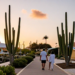 Caribbean Holidays, Aruba Wellness March, Couple walking through a quiet Aruban landscape at sunset with cacti and warm evening light