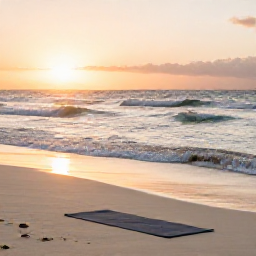 Caribbean Holidays, Aruba Wellness March, Quiet Aruba beach at sunrise with a yoga mat, gentle waves and soft golden light