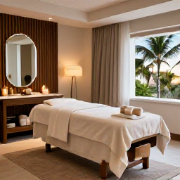 Caribbean Holidays, Aruba Wellness May, Elegant Aruba spa treatment room with natural textures, candles, towels and tropical light, calm and welcoming interior