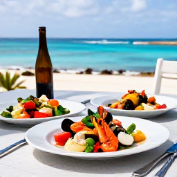 Caribbean Holidays, Aruba Wellness May, Healthy colourful meal at an outdoor restaurant in Aruba, fresh seafood, tropical salad and ocean view