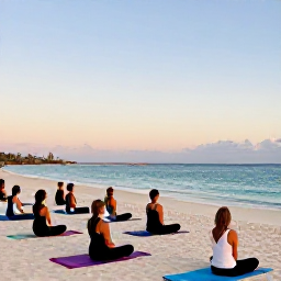 Caribbean Holidays, Aruba Wellness May, Open-air yoga session beside an Aruban beach, small group on mats, soft morning light and sea views