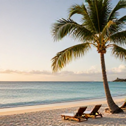 Caribbean Holidays, Aruba Wellness May, Quiet white-sand beach in Aruba at sunrise, calm turquoise sea, palm trees and a peaceful wellness atmosphere