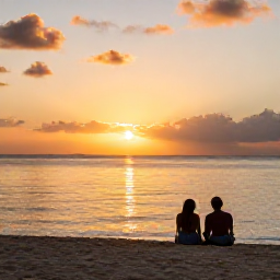 Caribbean Holidays, Aruba Wellness November, Aruba sunset over a calm beach with a couple sitting quietly, warm golden light and peaceful island scenery