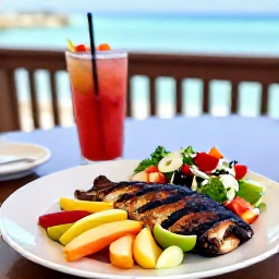 Caribbean Holidays, Aruba Wellness November, Healthy colourful Caribbean meal with fresh fruit, grilled fish, salad and a refreshing drink at an outdoor Aruba restaurant
