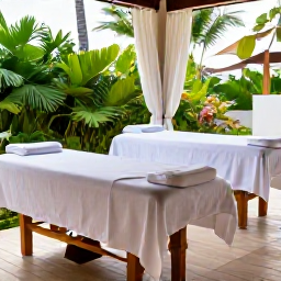 Caribbean Holidays, Aruba Wellness November, Open-air Aruba spa setting with treatment beds, tropical greenery, soft natural light and a peaceful atmosphere