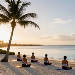 Caribbean Holidays, Aruba Wellness November, Visitors doing gentle yoga on a shaded beach in Aruba with calm sea, warm morning light and palm trees