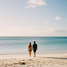Caribbean Holidays, Aruba Wellness October, Couple walking along Eagle Beach in Aruba during October, wide white sand beach, calm sea and warm late afternoon light