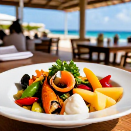 Caribbean Holidays, Aruba Wellness October, Healthy colourful Caribbean meal with fresh seafood, tropical fruit and vegetables at an open-air restaurant in Aruba