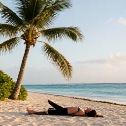 Caribbean Holidays, Aruba Wellness October, Person enjoying a peaceful yoga session on an Aruba beach, ocean horizon, natural morning light and tropical surroundings