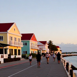 Caribbean Holidays, Aruba Wellness October, Relaxed evening scene in Oranjestad Aruba, pastel colonial buildings, gentle sunset light and people enjoying a calm waterfront walk