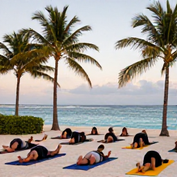 Caribbean Holidays, Aruba Wellness, Open-air yoga class beside an Aruba beach, travellers stretching on mats with palm trees and a calm blue sea behind them