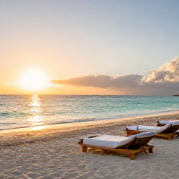 Caribbean Holidays, Aruba Wellness, Peaceful Aruba beach at sunrise with soft golden light, calm turquoise sea and a comfortable wellness retreat setting
