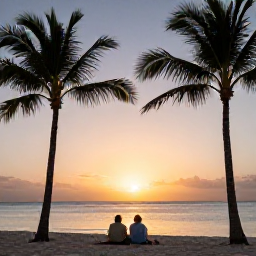 Caribbean Holidays, Aruba Wellness, Peaceful Aruba sunset over the sea, silhouettes of palm trees and a couple sitting quietly on the beach