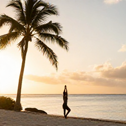 Caribbean Holidays, Aruba Wellness, Person practising yoga on a quiet Aruba beach at sunrise, soft golden light, palm trees and calm Caribbean water