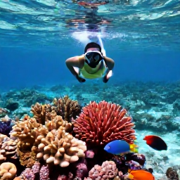 Caribbean Holidays, Aruba Wellness, Person snorkelling above colourful coral and tropical fish in clear shallow water off Aruba