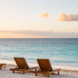 Caribbean Holidays, Aruba Wellness, Quiet white-sand beach in Aruba at sunrise, calm turquoise sea, loungers and a peaceful wellness holiday atmosphere