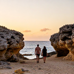 Caribbean Holidays, Aruba Wellness Retreats, A couple walking quietly through Aruba&rsquo;s rugged coastline landscape near sunset, with warm light, natural rock formations and the sea in the background