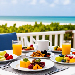 Caribbean Holidays, Aruba Wellness Retreats, A healthy colourful breakfast with fresh tropical fruit, juice and nutritious local-inspired dishes served on a shaded Aruba terrace