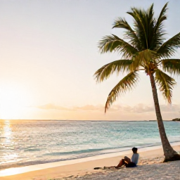 Caribbean Holidays, Aruba Wellness Retreats, A peaceful white-sand beach in Aruba at sunrise, calm turquoise water, soft golden light and a person relaxing beneath a palm tree