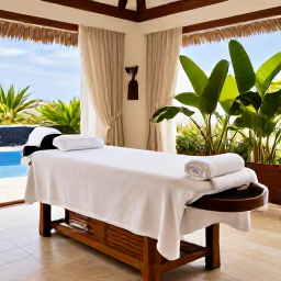 Caribbean Holidays, Aruba Wellness Retreats, An elegant Aruba spa treatment room with natural wood, white towels, tropical plants and soft daylight, creating a calm luxury wellness atmosphere