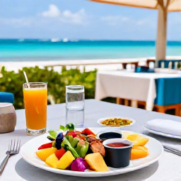 Caribbean Holidays, Aruba Wellness Retreats, Healthy Caribbean lunch with fresh fruit, colourful salad and grilled fish at an airy Aruba restaurant overlooking the sea
