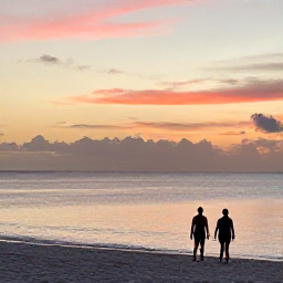 Caribbean Holidays, Aruba Wellness Retreats, Peaceful Aruba coastline at sunset with calm water, soft evening colours and a couple enjoying a quiet walk