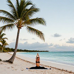 Caribbean Holidays, Aruba Wellness Retreats, Traveller practising gentle yoga on a quiet Aruba beach at dawn, palm trees, pale sand and peaceful Caribbean sea