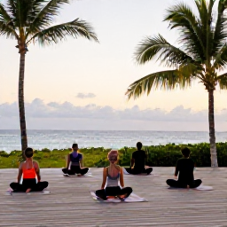 Caribbean Holidays, Aruba Wellness Retreats, Visitors practising gentle yoga on a wooden platform overlooking Aruba&rsquo;s coastline at dawn, with palms, ocean views and soft morning light