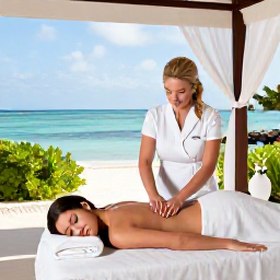 Caribbean Holidays, Aruba Wellness Retreats, Wellness traveller receiving a relaxing massage at an elegant Aruba beachfront spa, natural light and tropical surroundings