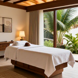 Caribbean Holidays, Aruba Wellness, Tranquil Aruba spa interior with natural materials, soft lighting, treatment bed and tropical greenery