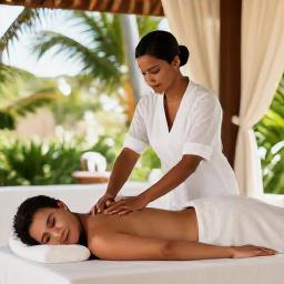 Caribbean Holidays, Aruba Wellness, Traveller receiving a relaxing massage at an open-air Aruba spa, tropical greenery, soft natural light and tasteful peaceful surroundings