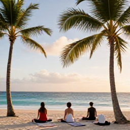 Caribbean Holidays, Aruba Wellness, Yoga session on a quiet Aruba beach with tropical palms, soft morning light and the Caribbean Sea in the background