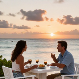 Caribbean Holidays, August Adults Only, A couple dining outdoors at a relaxed beachfront restaurant in Turks and Caicos as the sun sets