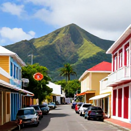 Caribbean Holidays, August Adults Only, Colourful historic street in Basseterre, Saint Kitts, with Georgian buildings, local shops and tropical mountains beyond