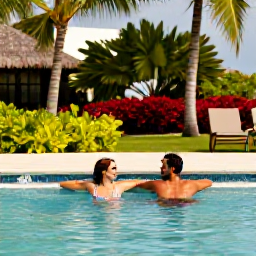 Caribbean Holidays, August Adults Only, Couple enjoying a relaxed August afternoon at an adults-only Caribbean resort pool, surrounded by tropical gardens and palm trees