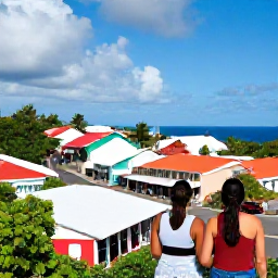 Caribbean Holidays, August Adults Only, Couple exploring a colourful Caribbean town and coastline in August, with tropical scenery, local shops and bright island architecture