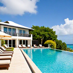 Caribbean Holidays, August Adults Only, Couple relaxing beside an elegant adults-only hotel pool on Saint Barth&eacute;lemy, tropical greenery and bright Caribbean sky