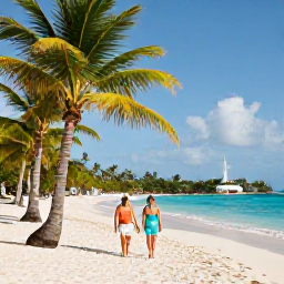 Caribbean Holidays, August Adults Only, Couple walking along a palm-fringed beach on St Thomas in the United States Virgin Islands during a sunny August afternoon