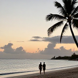 Caribbean Holidays, August Adults Only, Couple walking along a peaceful Caribbean beach at dusk on Saint Kitts, with soft sunset colours and palm silhouettes