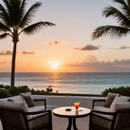 Caribbean Holidays, August Adults Only, Elegant adults-only resort terrace at sunset overlooking the Caribbean Sea, with cocktails, palm trees and comfortable outdoor seating