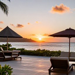Caribbean Holidays, August Adults Only, Elegant adults-only resort terrace overlooking a Caribbean sunset in the United States Virgin Islands