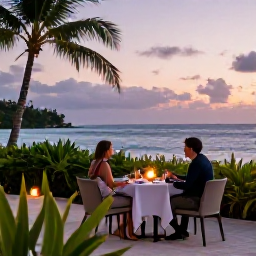 Caribbean Holidays, August Adults Only, Elegant Caribbean beach restaurant at sunset in August, with a couple dining outdoors, candles, tropical plants and calm ocean views