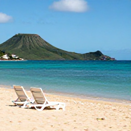 Caribbean Holidays, August Adults Only, Golden sandy beach on Saint Kitts with two sun loungers, calm turquoise water and green volcanic hills in the background