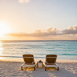 Caribbean Holidays, August Adults Only, Peaceful adults-only Caribbean resort beach in August at golden hour, with two loungers, calm turquoise water and a soft sunset sky