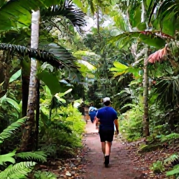 Caribbean Holidays, August Adventure, A lush rainforest trail in Trinidad with hikers walking beneath tropical trees in warm August weather