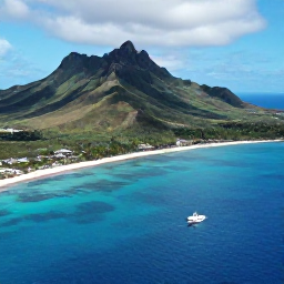 Caribbean Holidays, August Adventure, Aerial coastal view of Saint Kitts with green volcanic mountains, blue Caribbean sea and a small boat near the shore