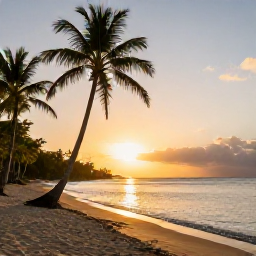 Caribbean Holidays, August Adventure, Golden sunset over a quiet Caribbean beach on Nevis with palm trees and calm sea